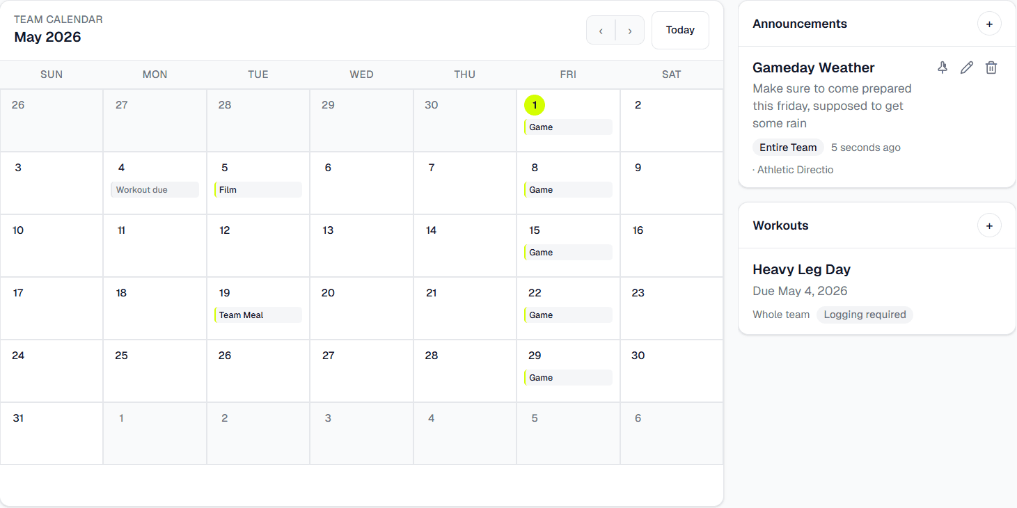 RepRoom team calendar and announcements showing team events and weather alerts