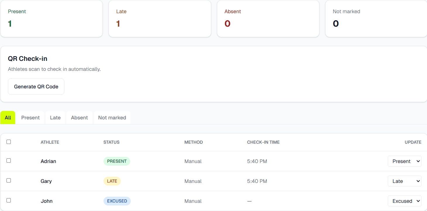 RepRoom attendance tracking with QR check-in and real-time status updates
