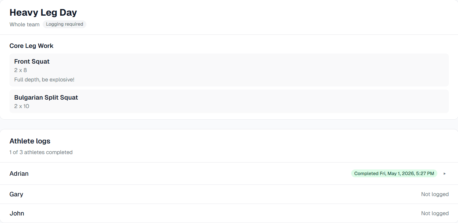 RepRoom workout interface with exercise assignments and athlete completion tracking